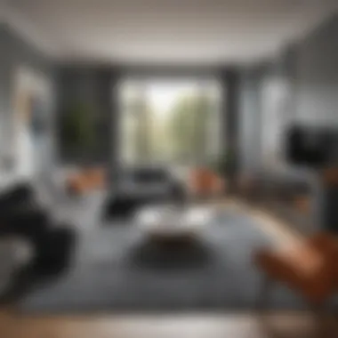 Stylish Room Layout with Optimal Space Utilization Stylish room layout demonstrating optimal space utilization with a dark grey couch and a well-chosen rug