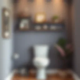 Elegant wall shelves showcasing decorative items above a toilet