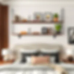 A stylish shelf system installed above a bed adorned with decorative items