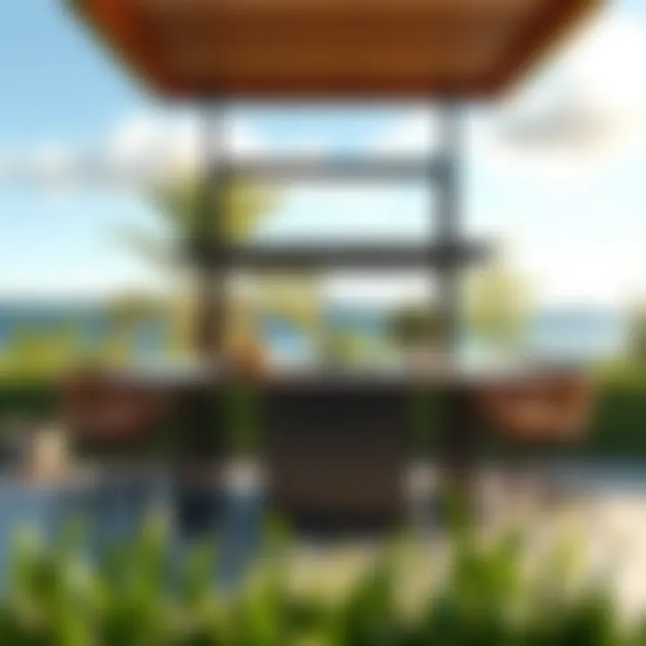 Modern outdoor bar table set against a scenic backdrop