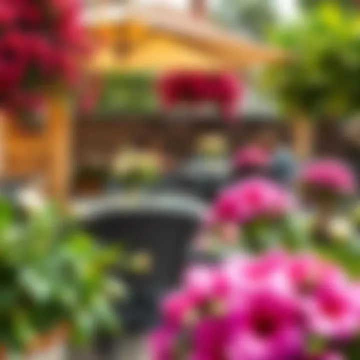 Outdoor dining space adorned with weatherproof artificial flowers