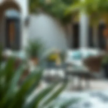 Stylish Outdoor Setup with Rug Stylish patio setup with rug, furniture, and greenery