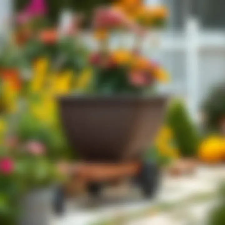 Durable planter mover with wheels in a vibrant garden