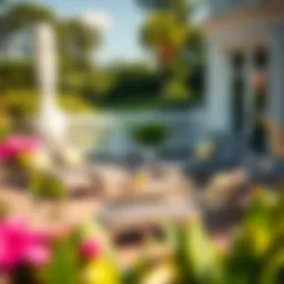 Elegant outdoor plastic patio loungers arranged on a sunny deck