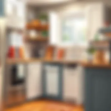 Organized kitchen with an under cabinet trash solution emphasizing clutter management.