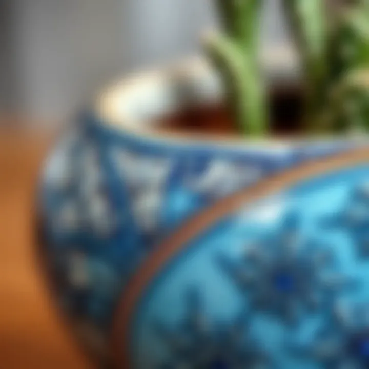 Artistry in Detail: The Intricate Patterns of Ceramic Craftsmanship Close-up of intricate design patterns on a ceramic planter