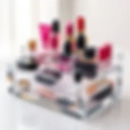 Elegant acrylic makeup storage box showcasing various compartments