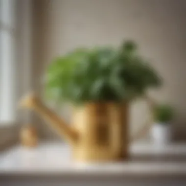 Aesthetic arrangement of gold watering can among houseplants