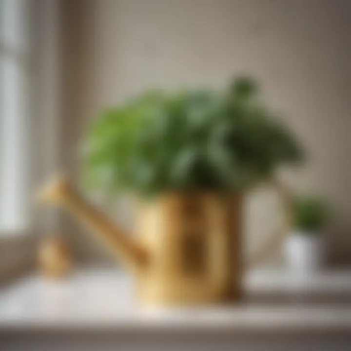 Aesthetic arrangement of gold watering can among houseplants