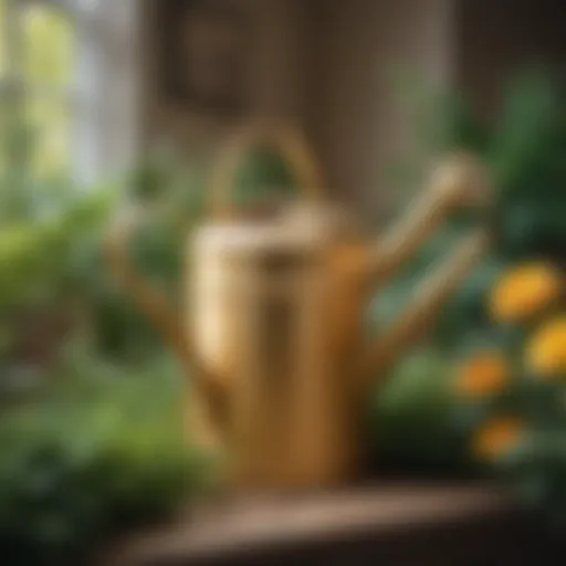 Elegant gold watering can in a stylish indoor garden