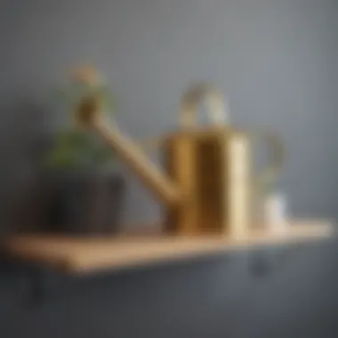 Stylish gold watering can displayed on a minimalist shelf