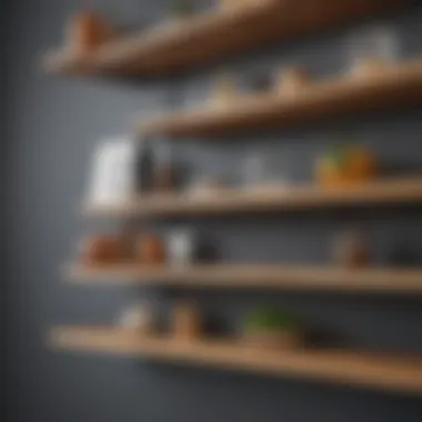 Close-up of removable wooden shelves with decorative items