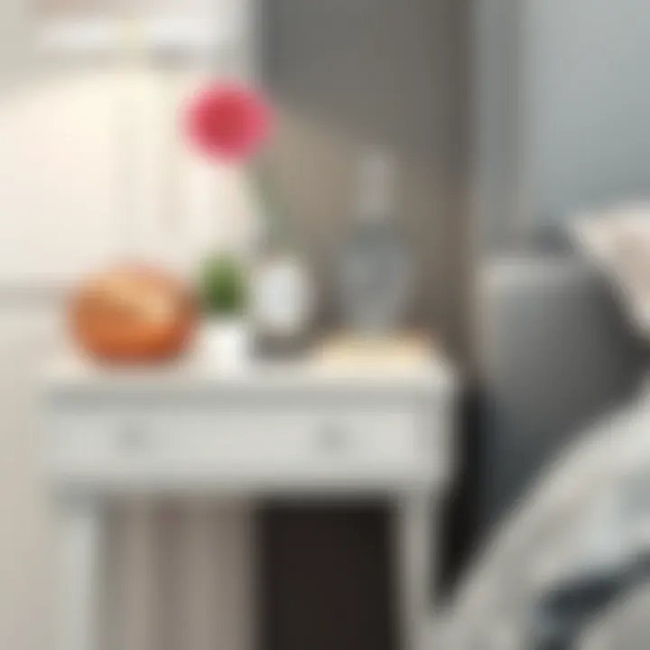 Close-up of grey bedside table with decorative items