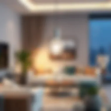 A modern LED lamp illuminating a contemporary living room