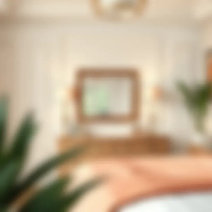 Chic bedroom featuring a rectangular mirror above the dresser