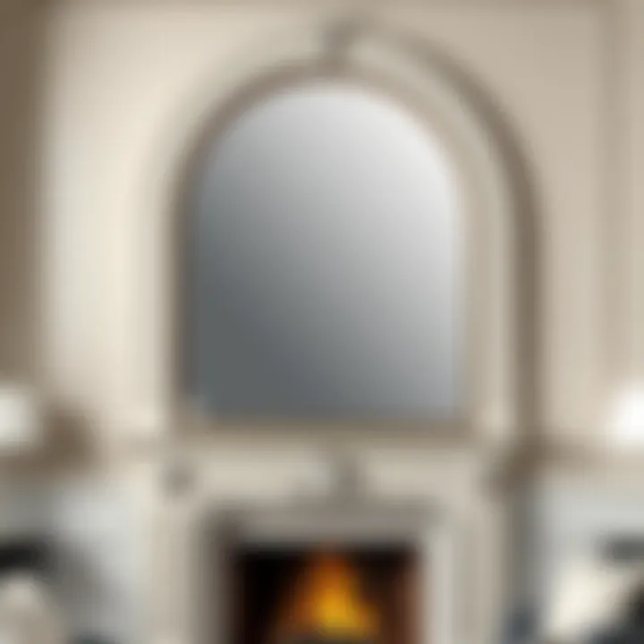 Dramatic arch mirror set above a fireplace creating a focal point