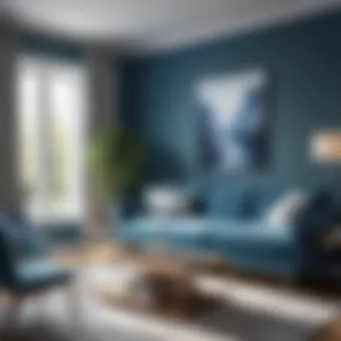 Transform Your Living Space with Blue Tones A serene living room featuring three-piece wall art in blue tones
