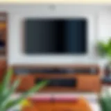 Elegant wooden TV stand showcasing a 65-inch television in a stylish living room setting