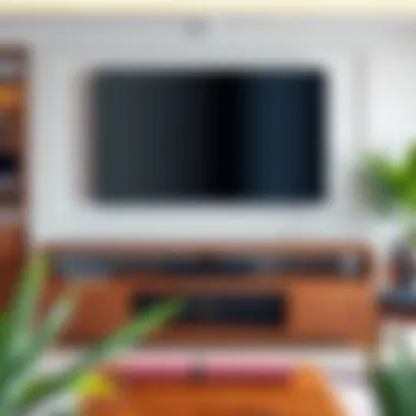 Elegant Wooden TV Stand Elegant wooden TV stand showcasing a 65-inch television in a stylish living room setting