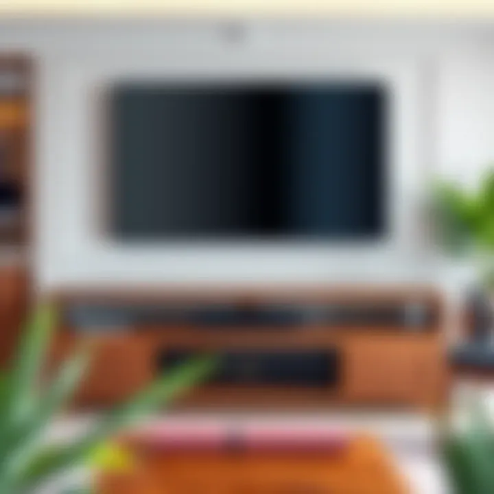 Elegant Wooden TV Stand Elegant wooden TV stand showcasing a 65-inch television in a stylish living room setting