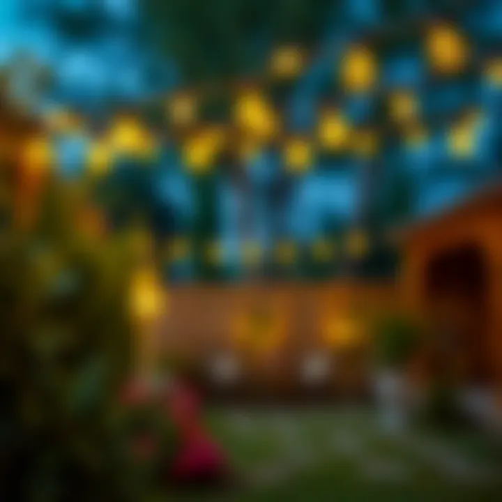 Elegant yellow LED outdoor string lights illuminating a garden
