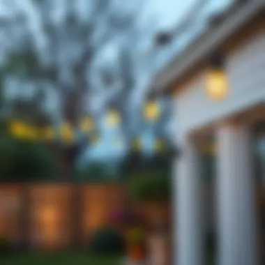 Installation of yellow LED outdoor string lights in a backyard